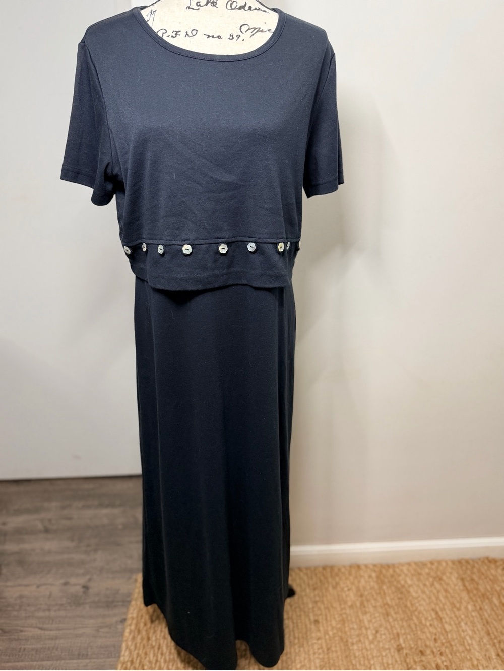 Vintage Coldwater Creek Black Maxi Dress L Attached Overlay Flower Buttons Retro